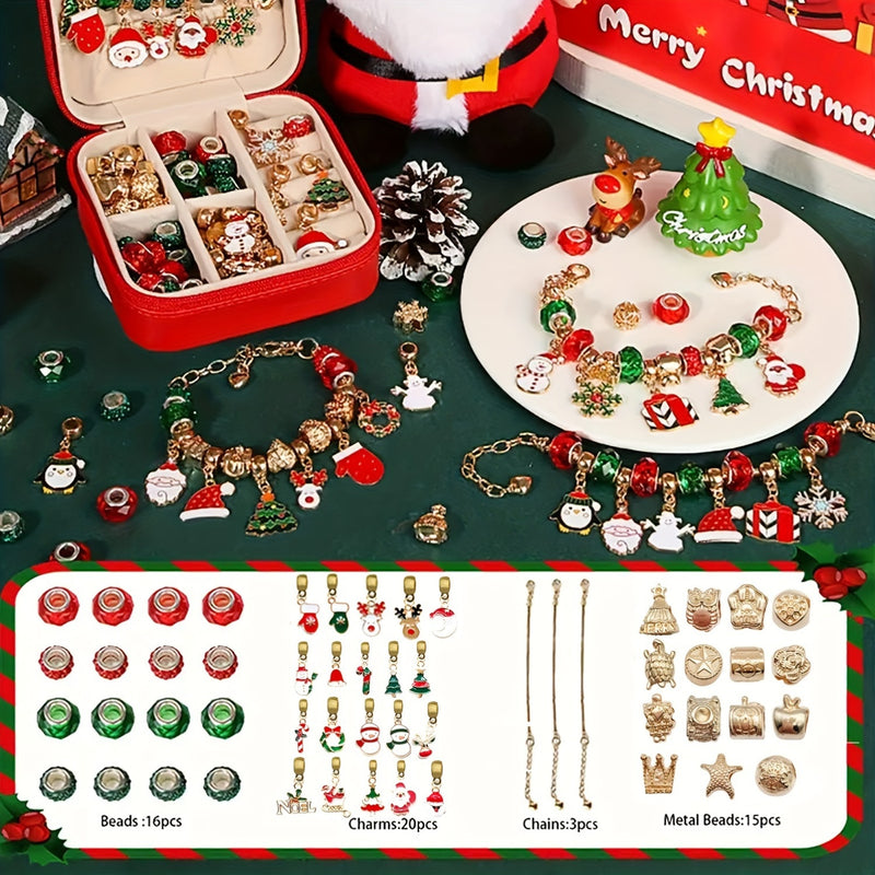 Festive Christmas Charm Bracelet Kit: 55 Pieces of Elegant Red & Green DIY Jewelry Making Set, Perfect for Women's Christmas Gifts