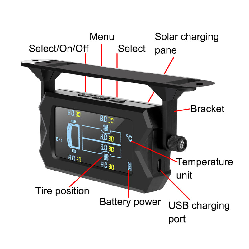 Sistema de monitoreo de presión de neumáticos TPMS para vehículos recreativos y camiones con energía solar, con 6 sensores externos, inalámbrico, soporte ajustable a 180°, resistente al agua