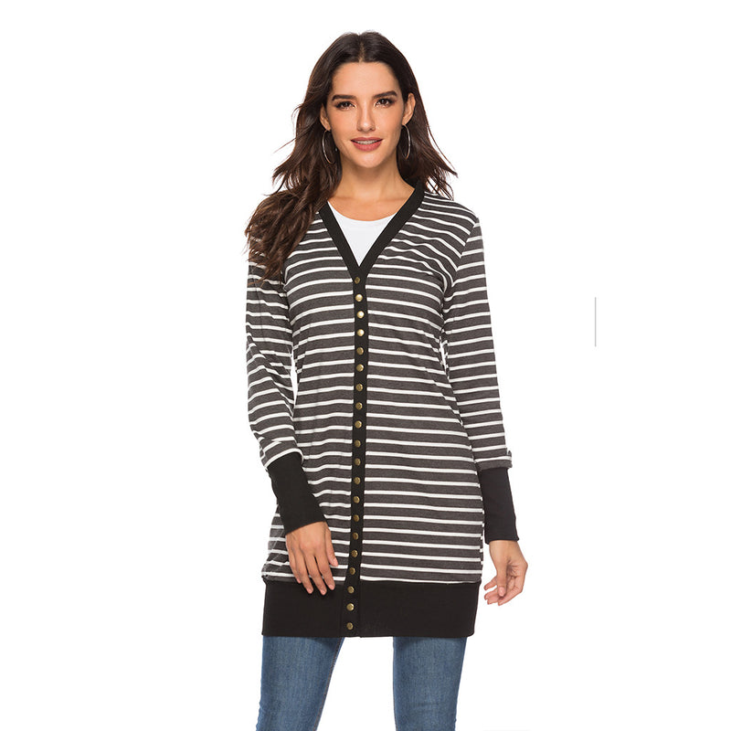 Autumn/Winter 2024 Europe and the United States plus size women's fashion long button striped cardigan coat