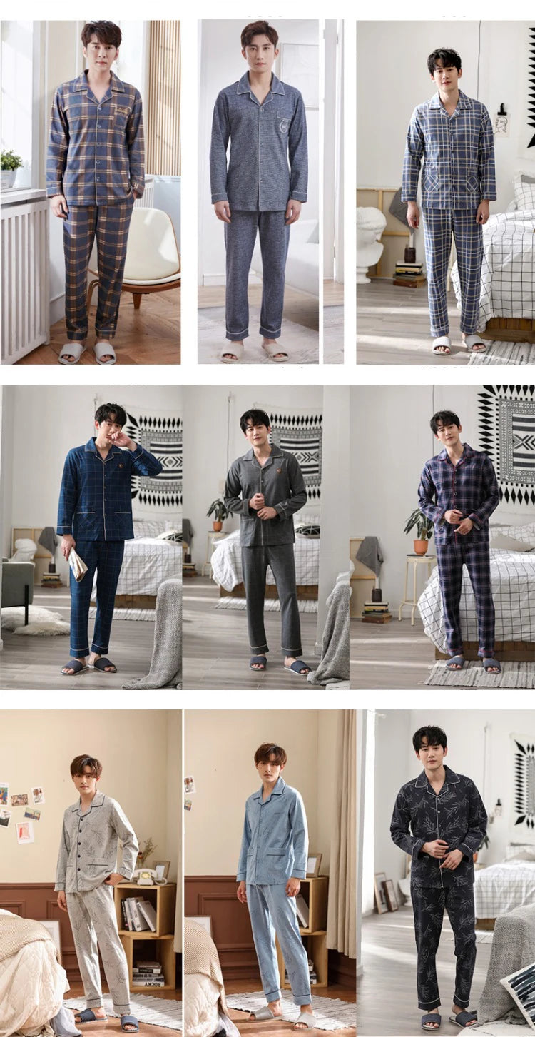 Mens Pajama Sets Home Suit Modern Style Man Sleepwear 2 Pieces Lounge Sleeping Wear Tops + Pants Plaid Long Sleeve PJ Set