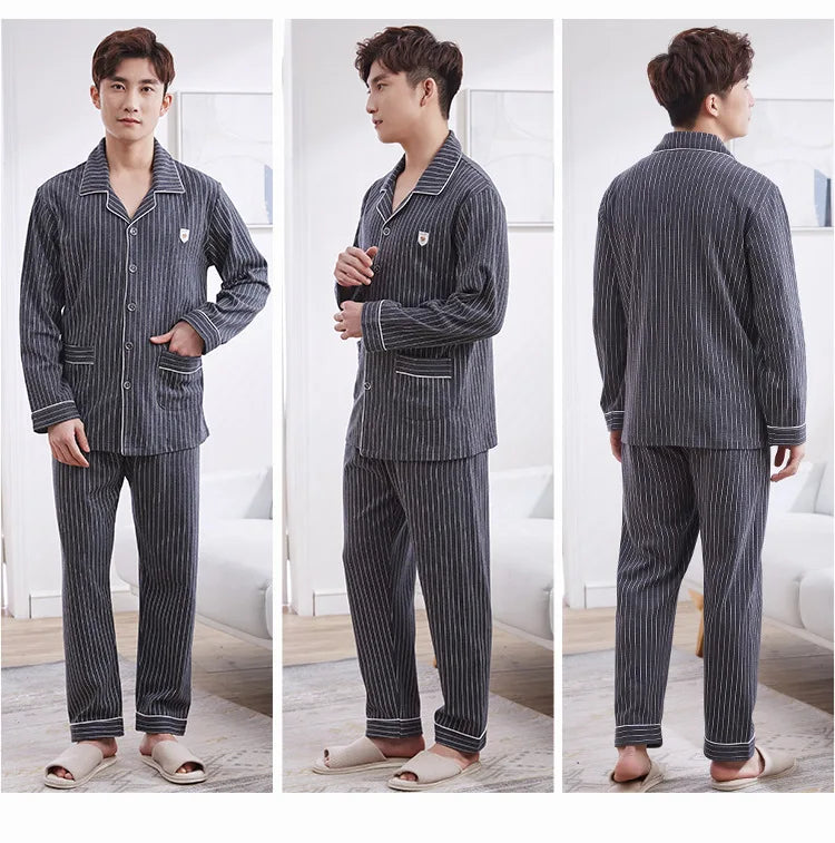 Mens Pajama Sets Home Suit Modern Style Man Sleepwear 2 Pieces Lounge Sleeping Wear Tops + Pants Plaid Long Sleeve PJ Set