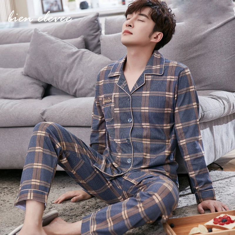 Mens Pajama Sets Home Suit Modern Style Man Sleepwear 2 Pieces Lounge Sleeping Wear Tops + Pants Plaid Long Sleeve PJ Set