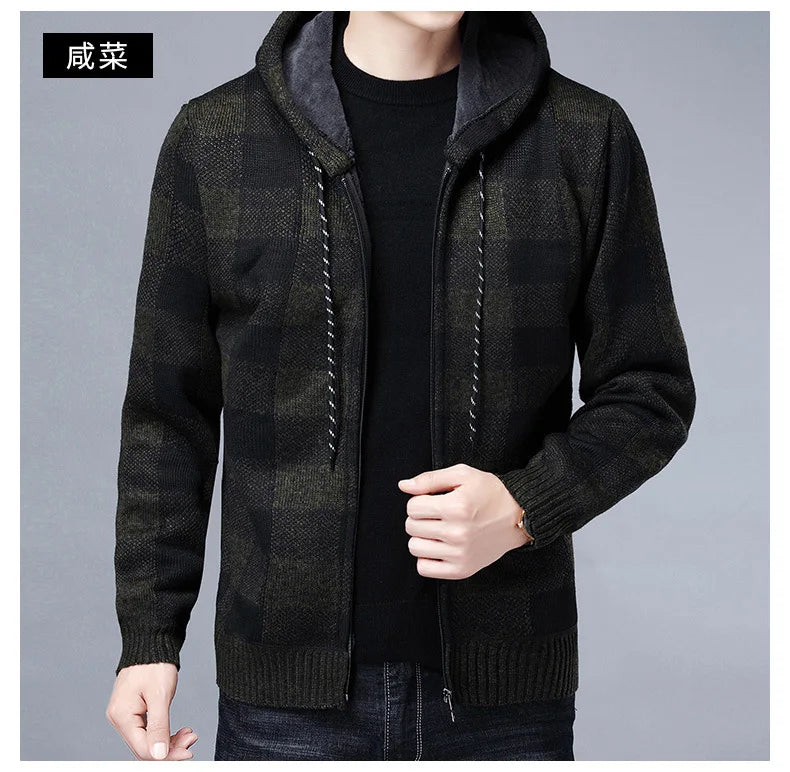 Winter 2023 New Men's Fleece Thickened Cardigan Knit Sweater / Male Loose Warm Hooded Add Wool Jacket Coat