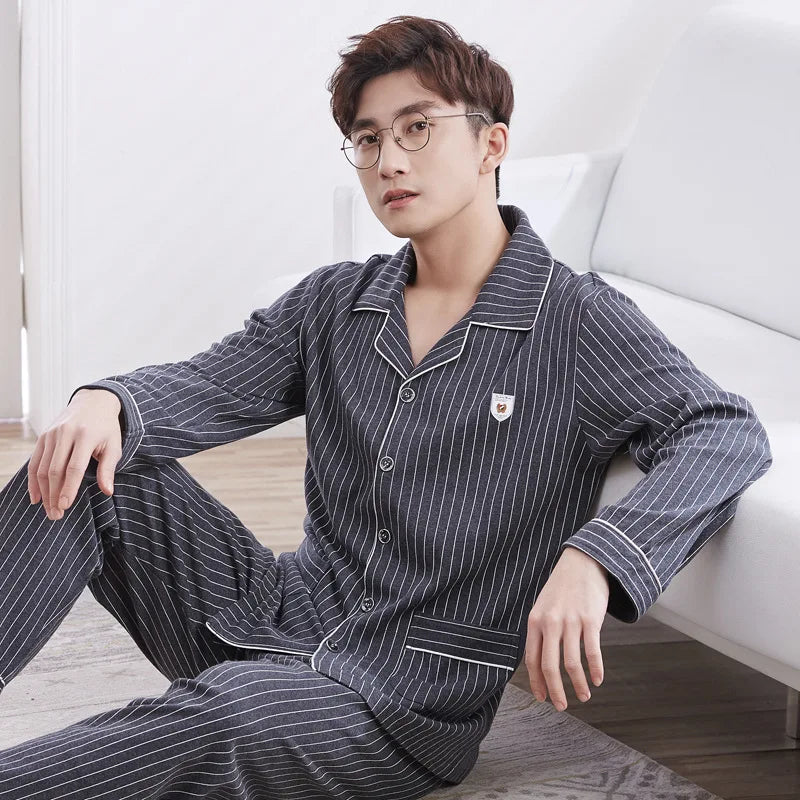 Mens Pajama Sets Home Suit Modern Style Man Sleepwear 2 Pieces Lounge Sleeping Wear Tops + Pants Plaid Long Sleeve PJ Set