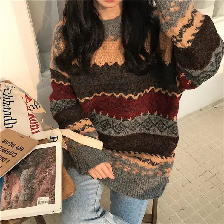 Suéteres vintage para mujer, jerséis de invierno a rayas, jerséis holgados de estilo coreano, prendas de punto, suéter holgado informal para mujer