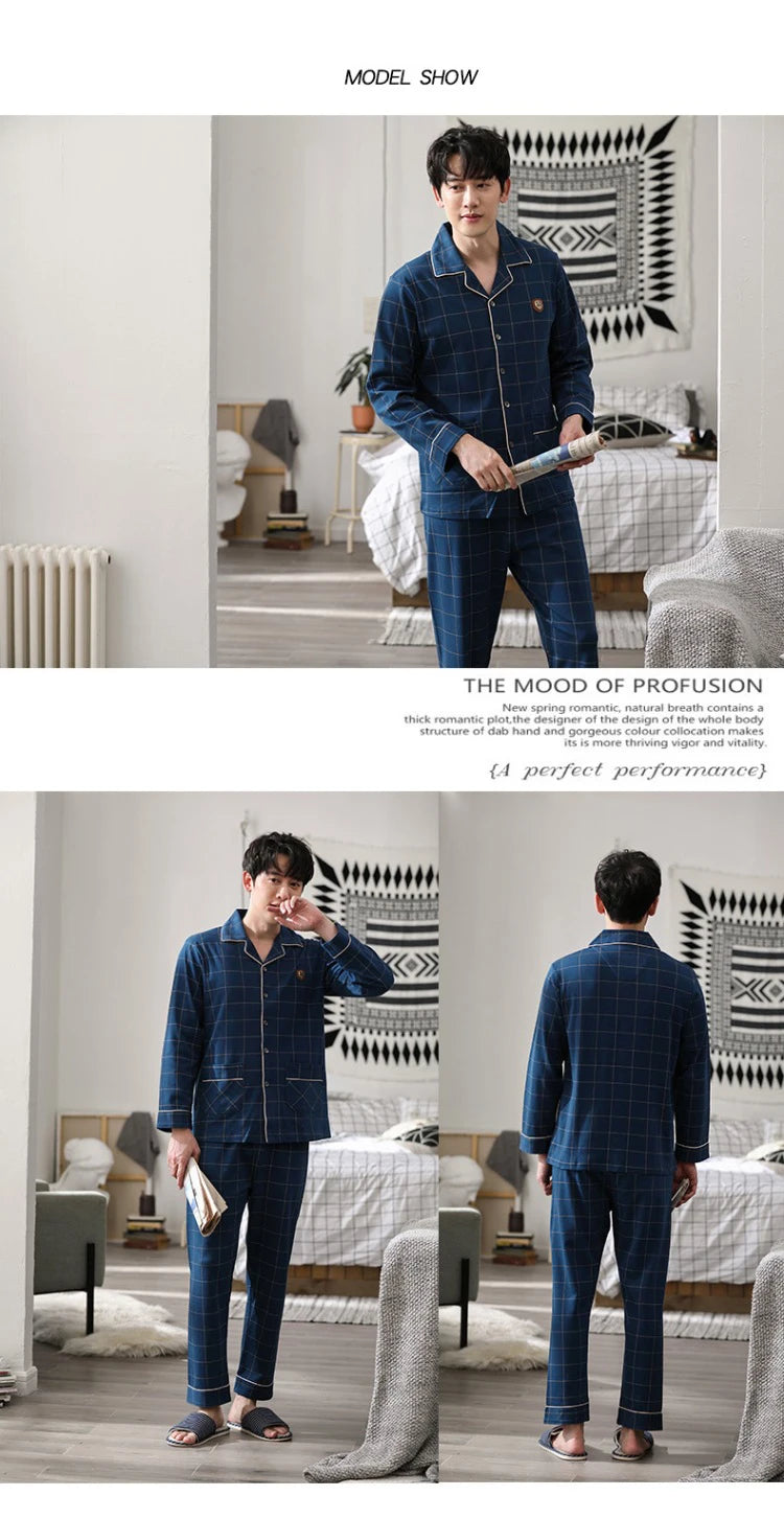 Mens Pajama Sets Home Suit Modern Style Man Sleepwear 2 Pieces Lounge Sleeping Wear Tops + Pants Plaid Long Sleeve PJ Set