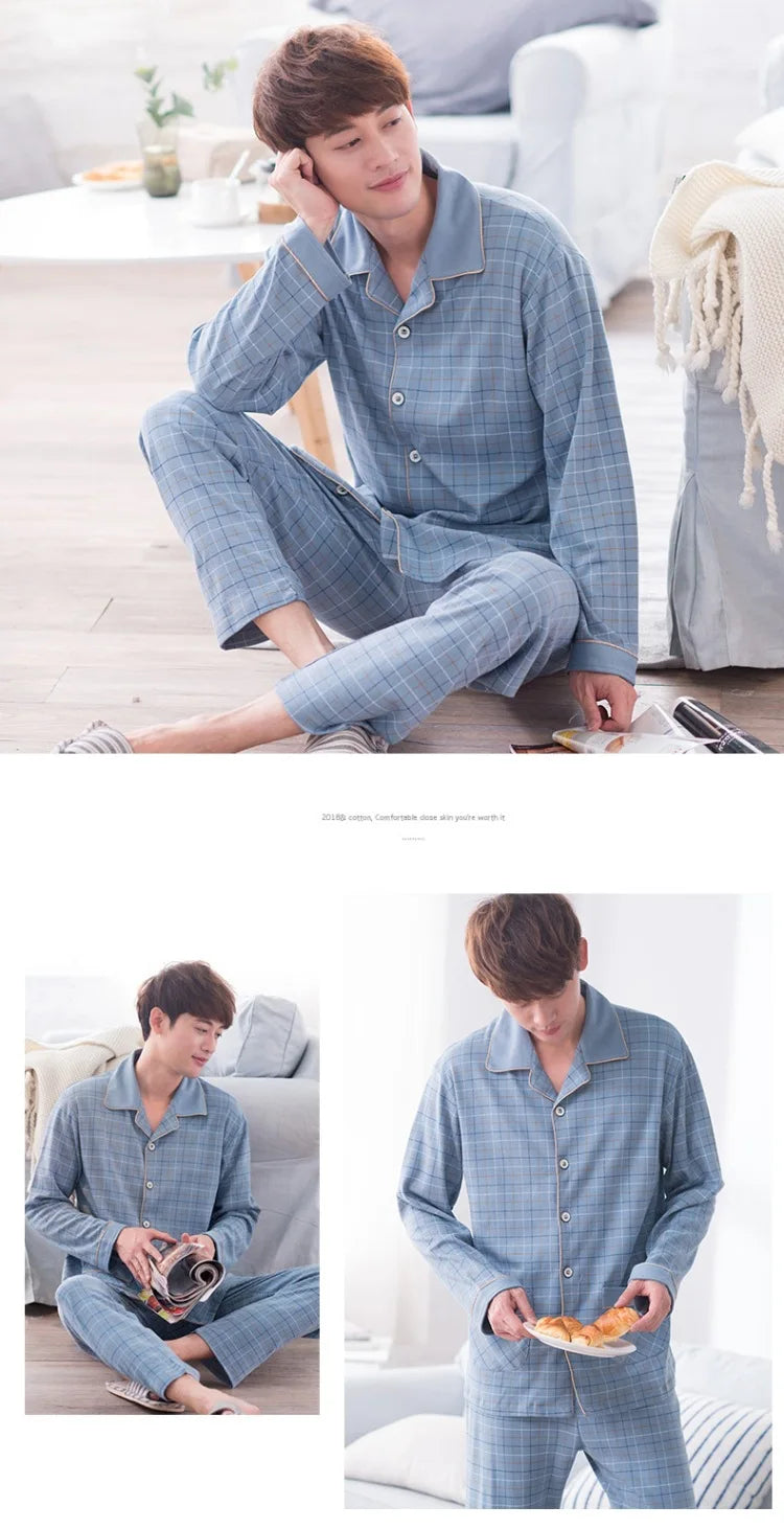 Mens Pajama Sets Home Suit Modern Style Man Sleepwear 2 Pieces Lounge Sleeping Wear Tops + Pants Plaid Long Sleeve PJ Set