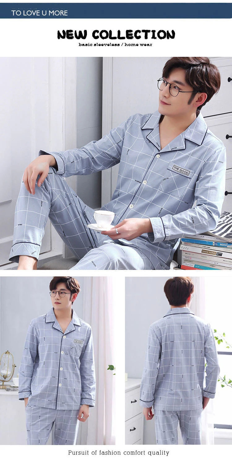 Mens Pajama Sets Home Suit Modern Style Man Sleepwear 2 Pieces Lounge Sleeping Wear Tops + Pants Plaid Long Sleeve PJ Set