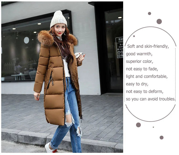 2024 Women's Down Parkas Winter Jacket Big Fur Collar Thick Slim Coat Fashion Hooded Cotton Outerwear Long Winter Woman Coat