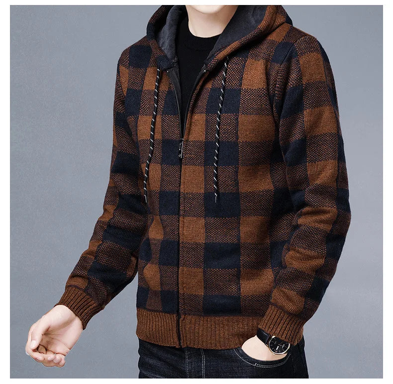 Winter 2023 New Men's Fleece Thickened Cardigan Knit Sweater / Male Loose Warm Hooded Add Wool Jacket Coat