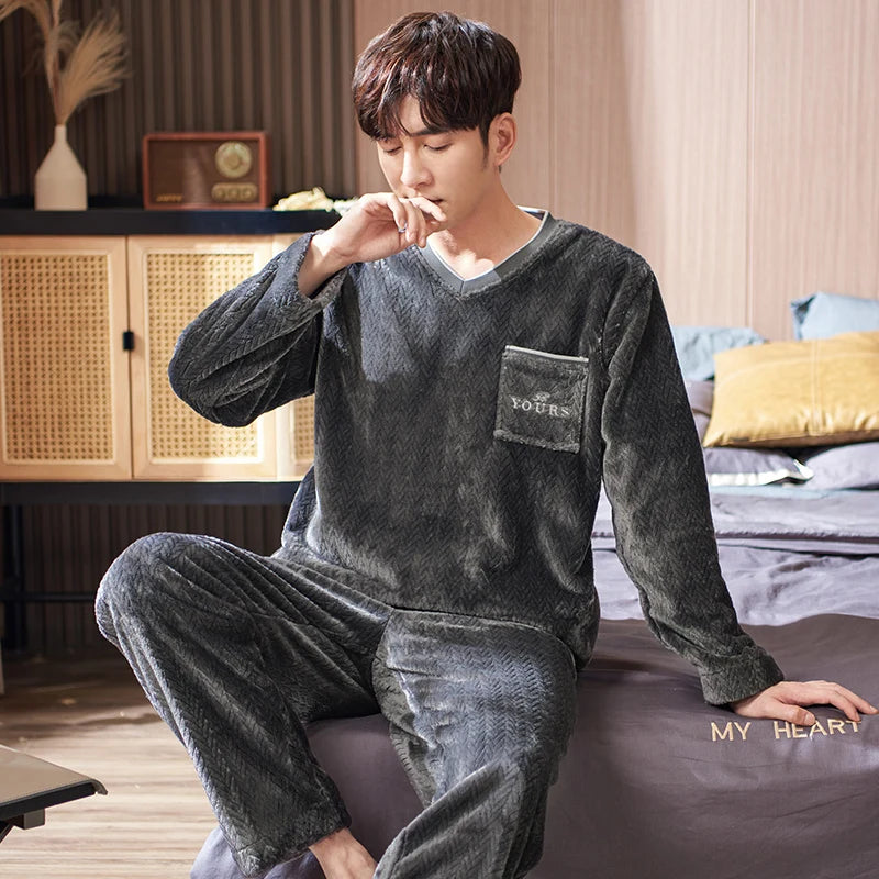 Men Pajama Set V-Neck Pajamas Flannel Pullover Homewear Autumn Winter Keep Warm Coral Fleece Pijama Hombre Casual Sleepwear Suit