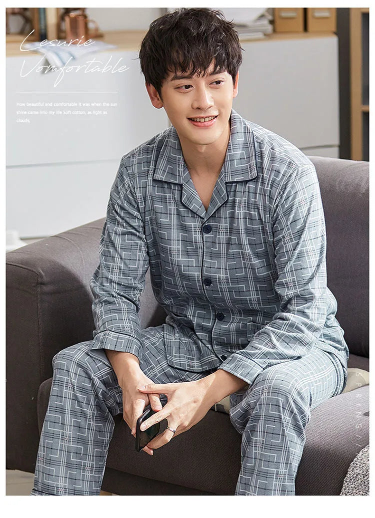 Mens Pajama Sets Home Suit Modern Style Man Sleepwear 2 Pieces Lounge Sleeping Wear Tops + Pants Plaid Long Sleeve PJ Set