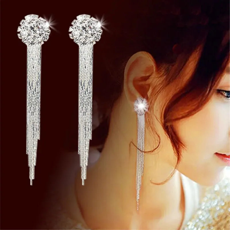 Korean Fashion Personality Temperament Crystal Tassel Earrings Bridal Ear Jewelry For Women Long Oorbellen