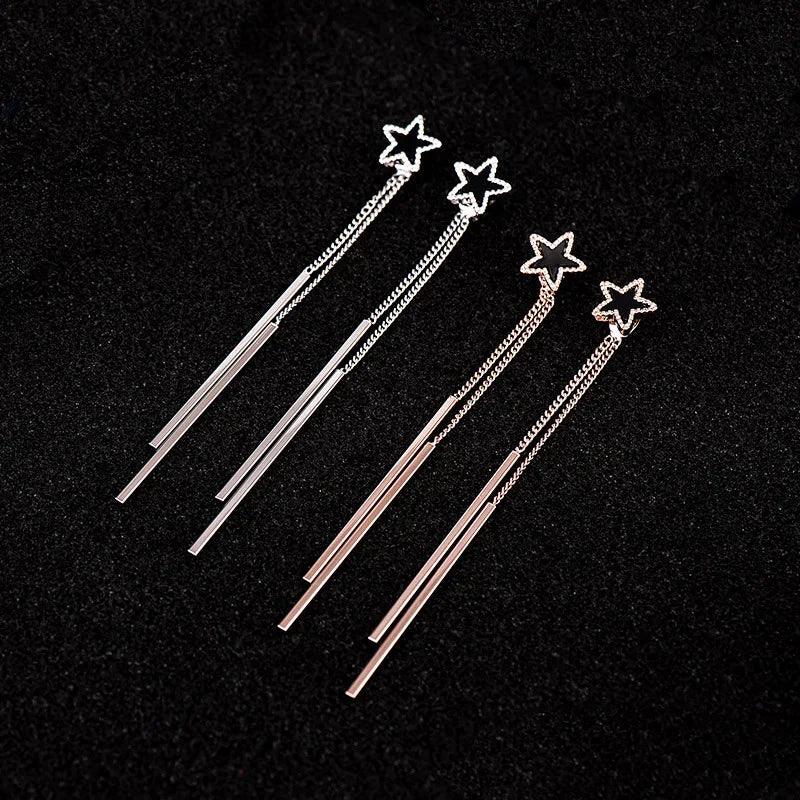 Korea Style Double Long Tassel Star Shape Clip on Earring Without Piercing for Women Elegant Cute No Hole Earrings Anti Allergy