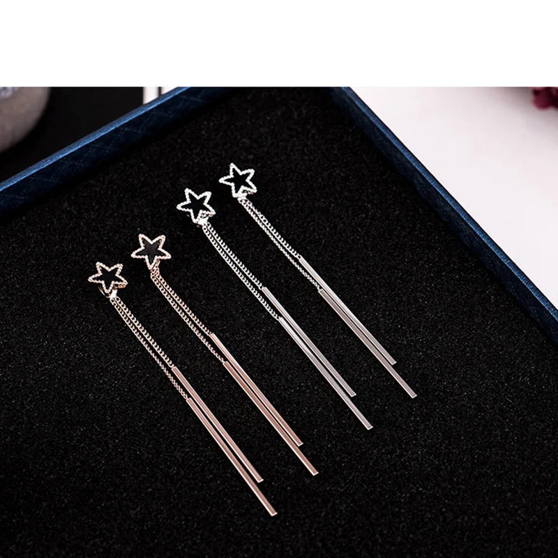 Korea Style Double Long Tassel Star Shape Clip on Earring Without Piercing for Women Elegant Cute No Hole Earrings Anti Allergy