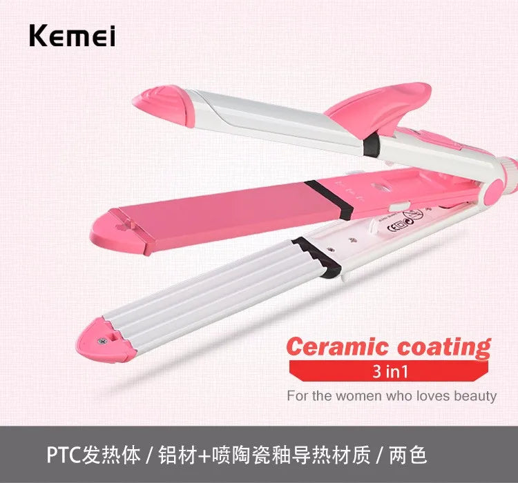 KEMEI 3 in 1 Ceramic Straightener Curler Hair Iron with Comb Corn Clip Curling Iron Straightening Iron prancha alisadora KM-1213