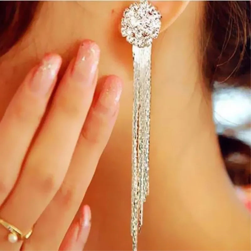 Korean Fashion Personality Temperament Crystal Tassel Earrings Bridal Ear Jewelry For Women Long Oorbellen