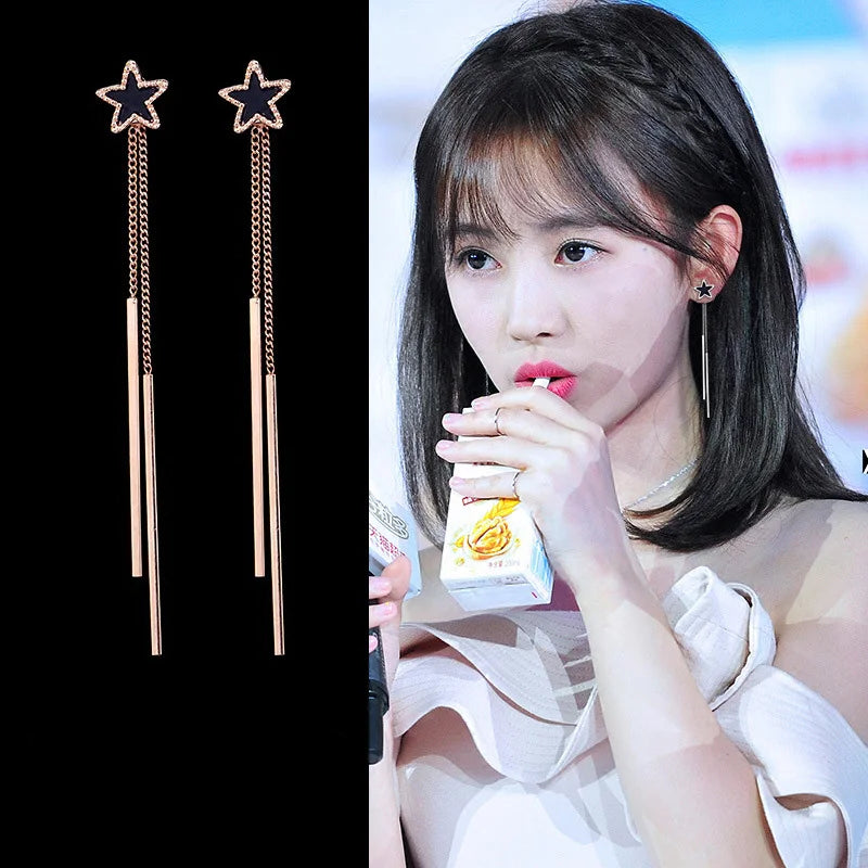 Korea Style Double Long Tassel Star Shape Clip on Earring Without Piercing for Women Elegant Cute No Hole Earrings Anti Allergy