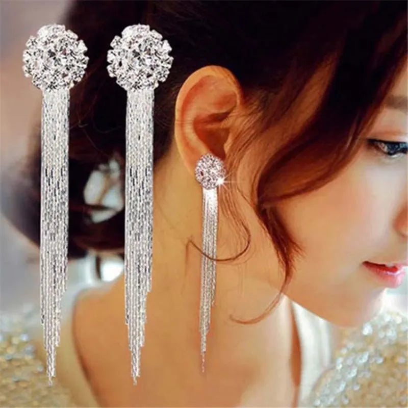 Korean Fashion Personality Temperament Crystal Tassel Earrings Bridal Ear Jewelry For Women Long Oorbellen