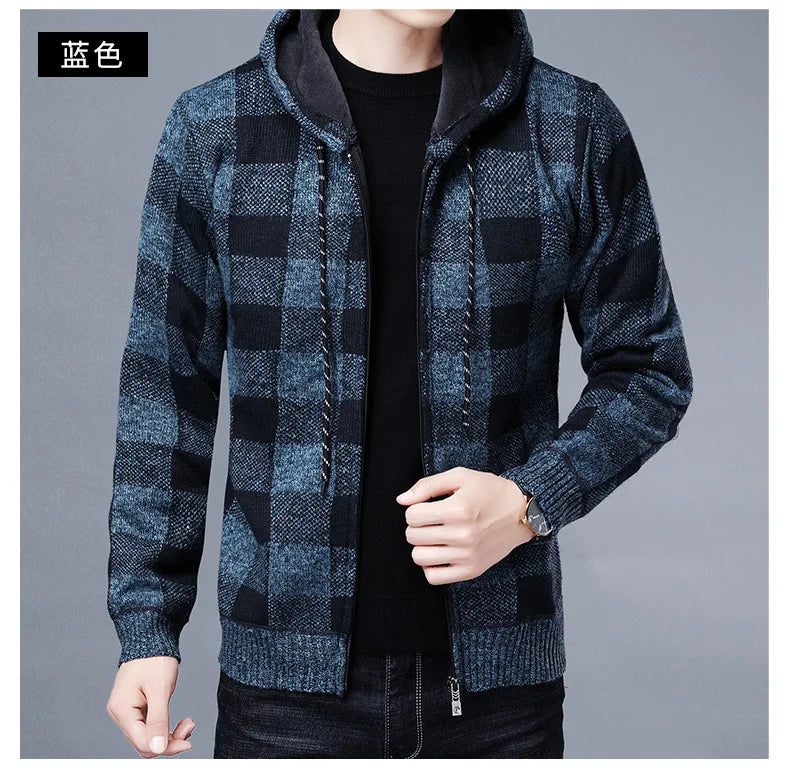 Winter 2023 New Men's Fleece Thickened Cardigan Knit Sweater / Male Loose Warm Hooded Add Wool Jacket Coat