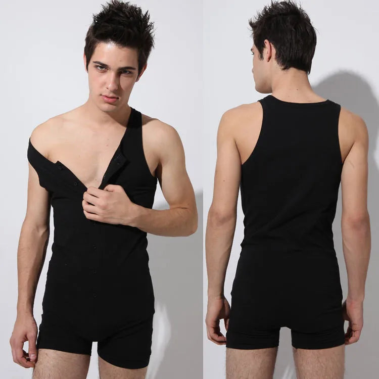 Traje de una pieza de algodón puro para hombre, de secado rápido, transpirable, sólido, sin mangas, conjunto de pijama, ropa interior masculina para el hogar, moldeadores corporales