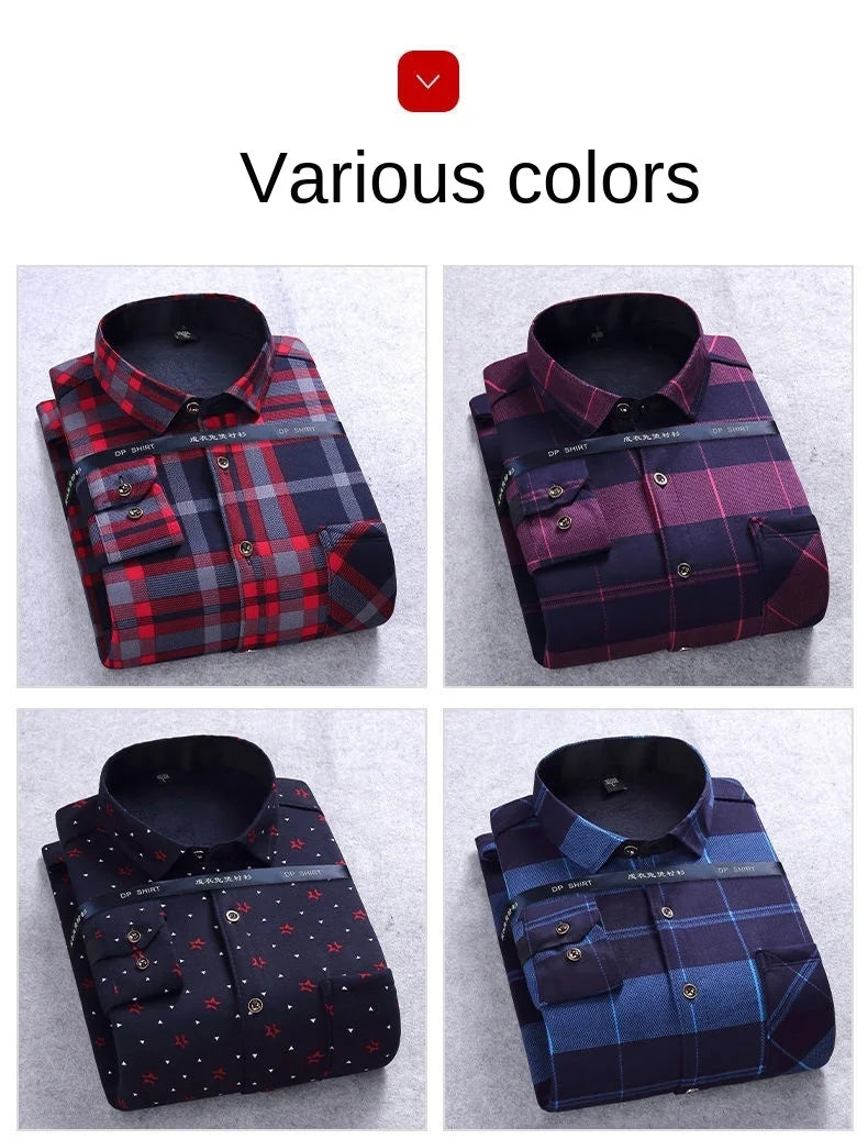 2021 Autumn Winter warm shirt size velvet thickening fashion print plaid shirt long sleeve men's brand shirt dress shirt