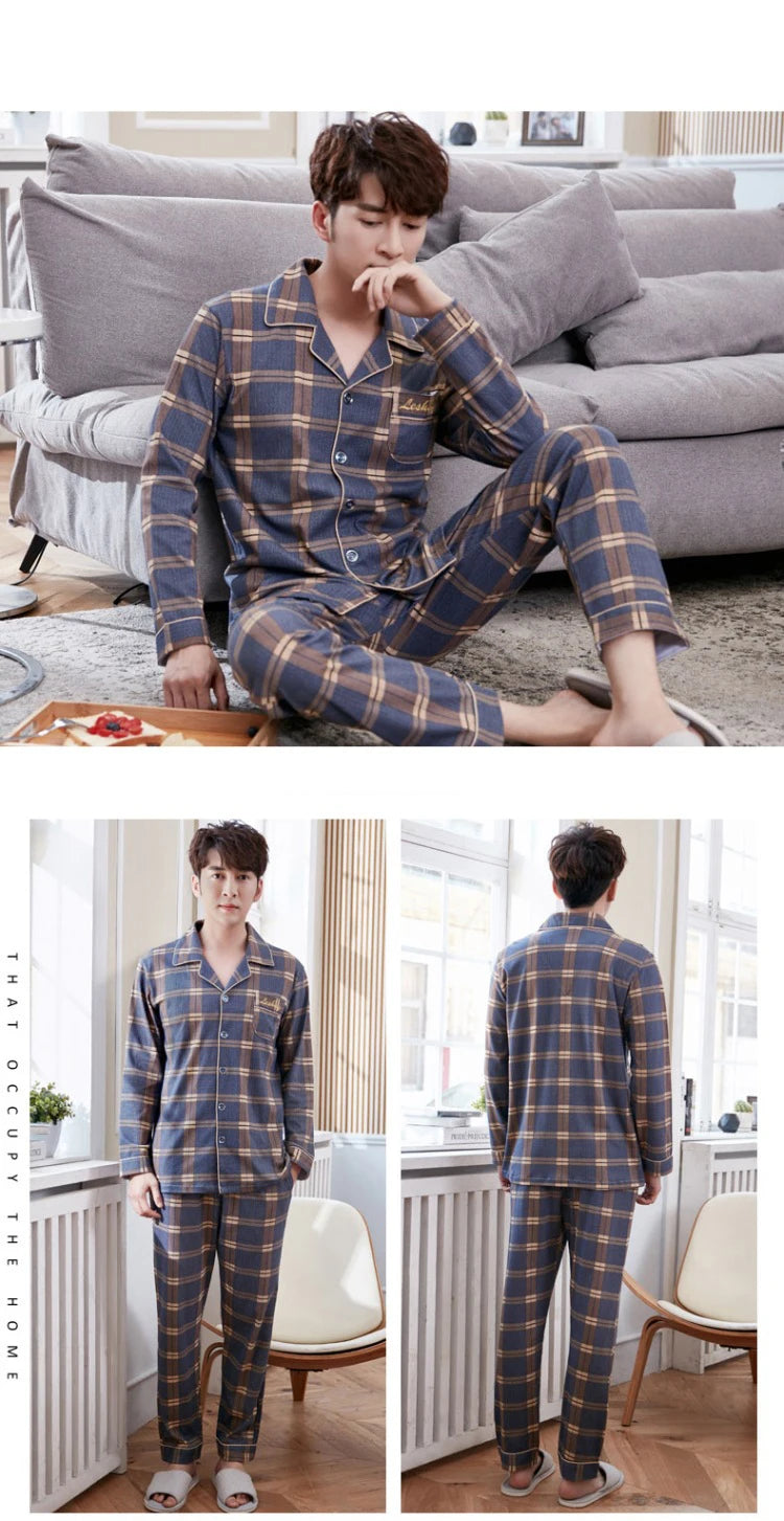 Mens Pajama Sets Home Suit Modern Style Man Sleepwear 2 Pieces Lounge Sleeping Wear Tops + Pants Plaid Long Sleeve PJ Set