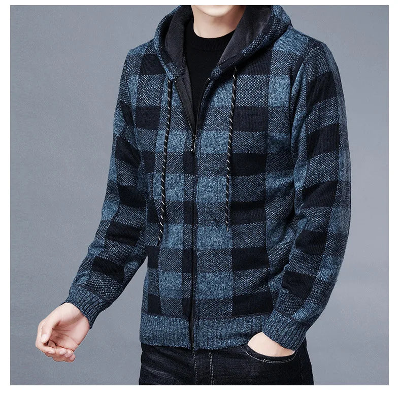 Winter 2023 New Men's Fleece Thickened Cardigan Knit Sweater / Male Loose Warm Hooded Add Wool Jacket Coat