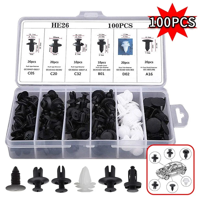 6 Size 100pcs Auto Fastener Car Clips Mixed Body Push Retainer Pin Rivet Bumper Door Trim Panel Retainer Fastener Kit