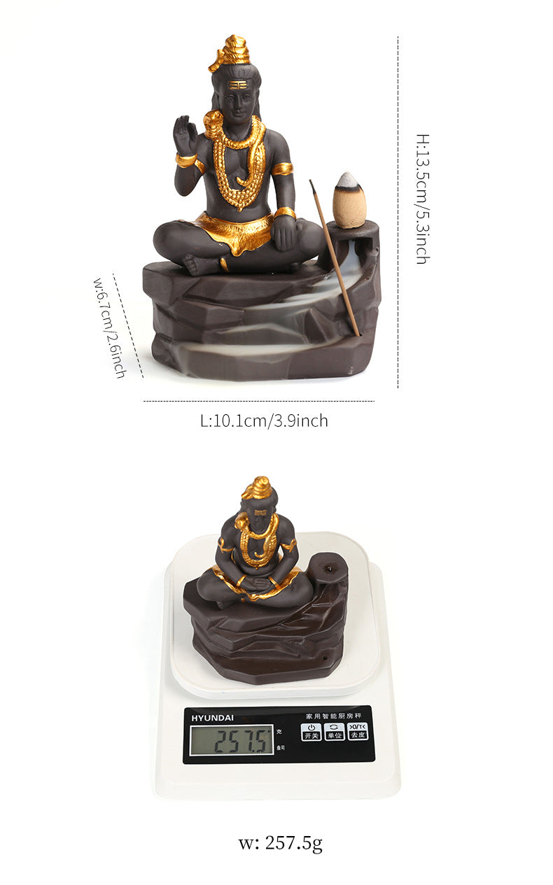 Adornos de Buda Shiva para decoración del hogar Quemador de incienso de reflujo Soporte de varilla de incienso de arcilla morada hecho a mano