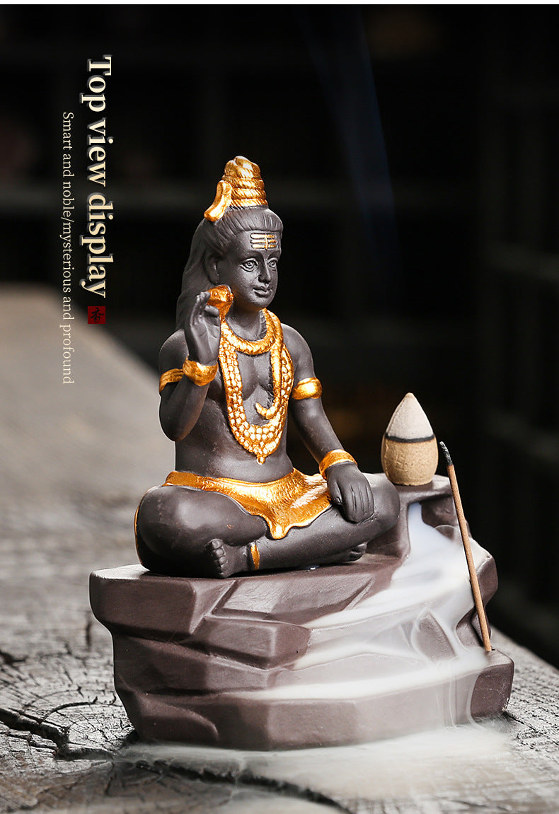 Adornos de Buda Shiva para decoración del hogar Quemador de incienso de reflujo Soporte de varilla de incienso de arcilla morada hecho a mano