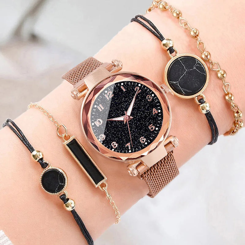 Ladies Starry Sky Round Dial Quartz Wristwatches 5pcs Set Women Fashion Casual Mesh Belt Watches Simple Dress Clock Girls Gift