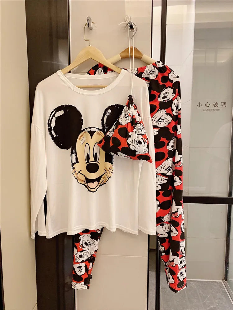 Pijama nuevo de Disney Donald Duck para mujer, conjunto de dos piezas de pantalones de manga larga de algodón de otoño, pijama de seda, conjunto de ropa de estar por casa para mujer