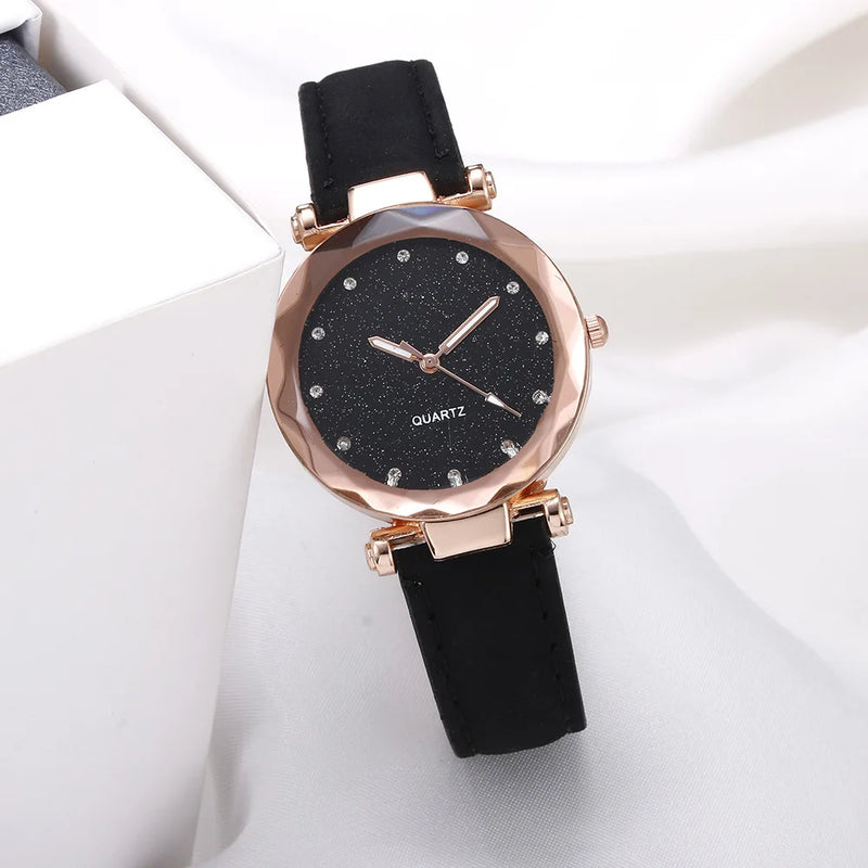 Round Face Rhinestone Star Sky Silver Pink Women for Watch Leisure Fashion Trend Frosted Belt Vintage Black Quartz Wristwatch