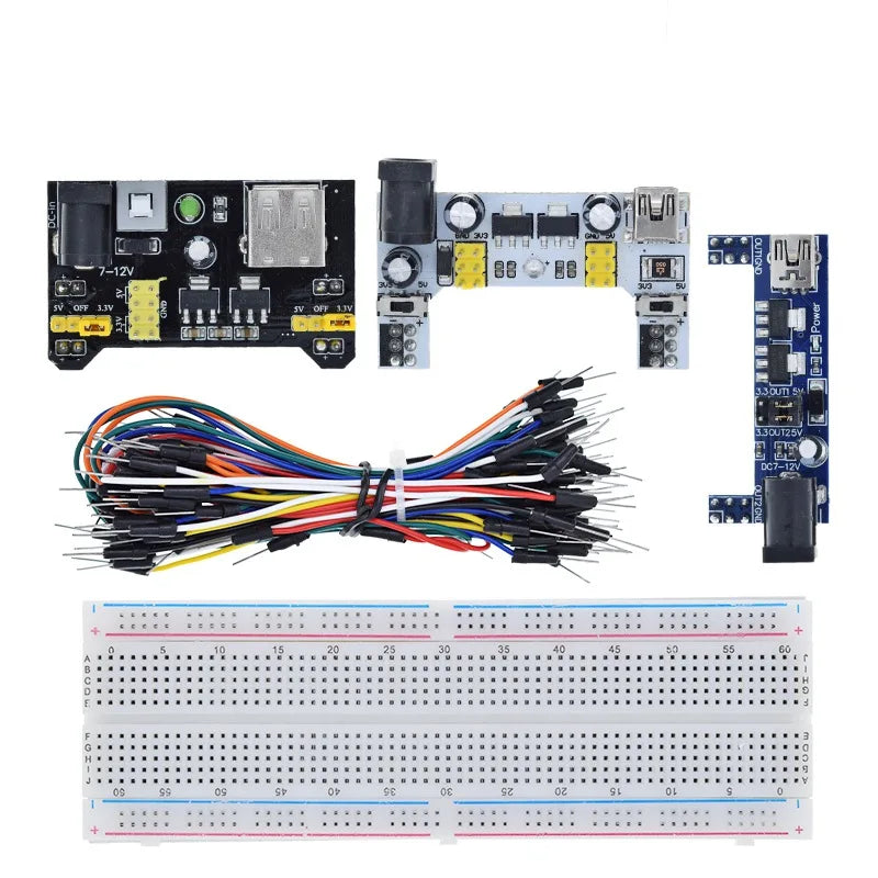 Módulo de alimentación de placa de pruebas MB102 de 3,3 V/5 V + 65 cables puente + prototipo de placa de pruebas MB-102 de 830 puntos para kit Arduino