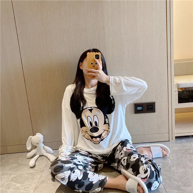 Pijama nuevo de Disney Donald Duck para mujer, conjunto de dos piezas de pantalones de manga larga de algodón de otoño, pijama de seda, conjunto de ropa de estar por casa para mujer