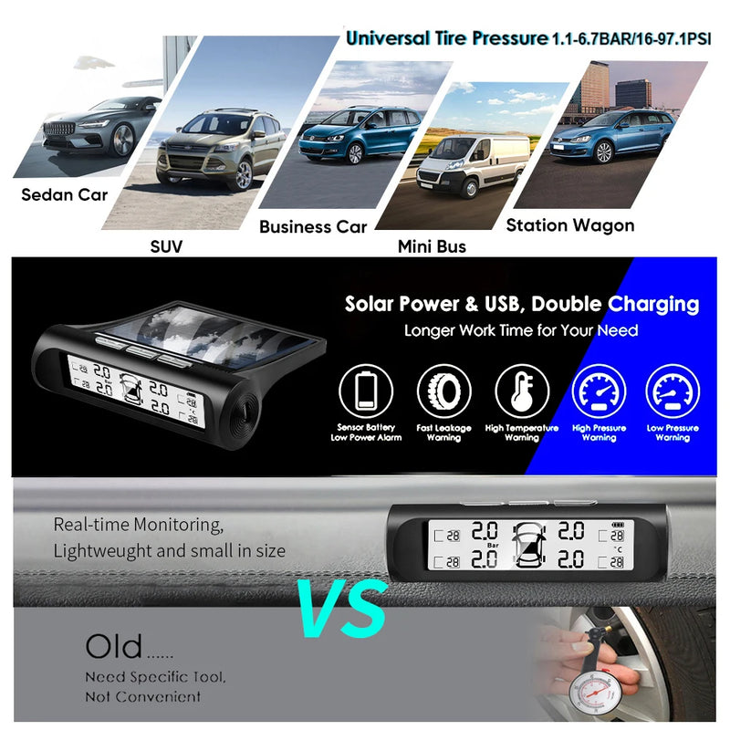 Alarma de presión de neumáticos para automóvil con energía solar, pantalla digital, sistema de monitoreo de presión de neumáticos TPMS inteligente automático, sensor de advertencia de temperatura