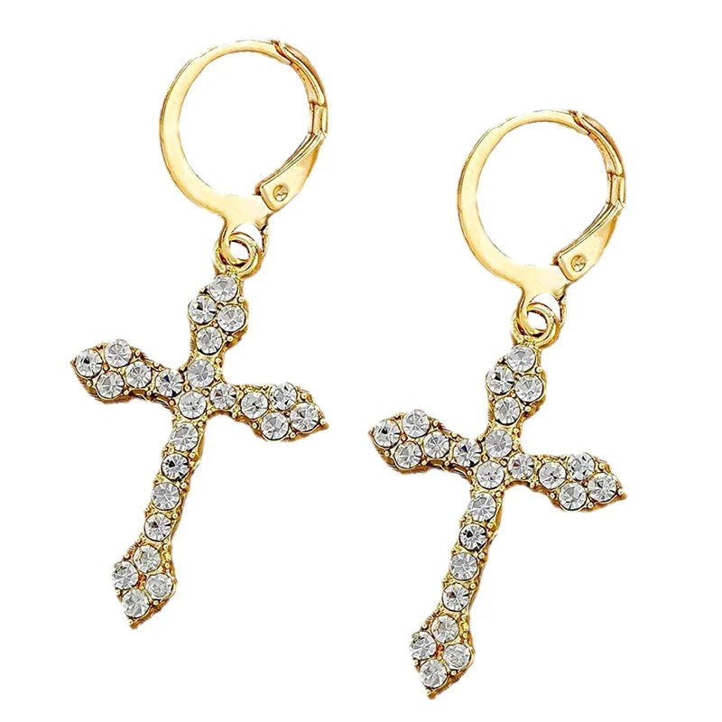 Nuevos pendientes colgantes de cruz de circonita con diamantes de imitación para mujer, pendientes de aro colgantes de moda coreana, regalos de joyería para fiestas de cumpleaños