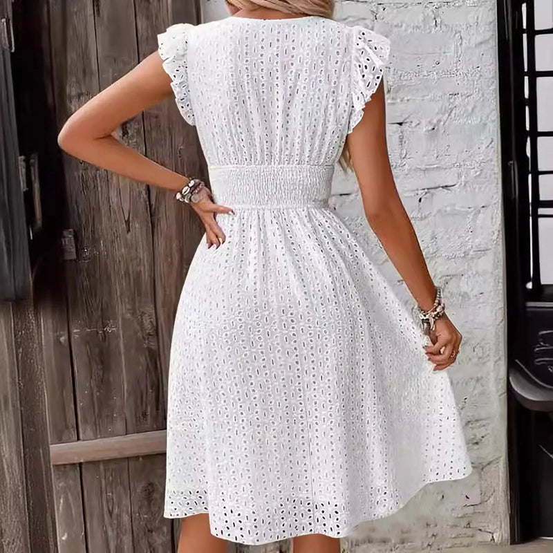 Women'S Dress Lace Jacquard Hollow Out Slim V Neck Elastic Waist Midi White Dress New Mid Length Dresses For Daily Wear Korean