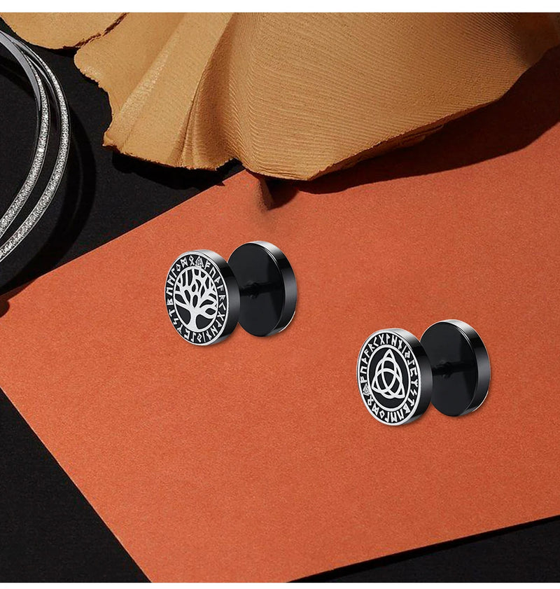 Gothic Norse Viking Runes Stud Earrings for Men Boys Rock Punk Stainless Steel Wolf Head Compass Celtic Knot Black Earrings