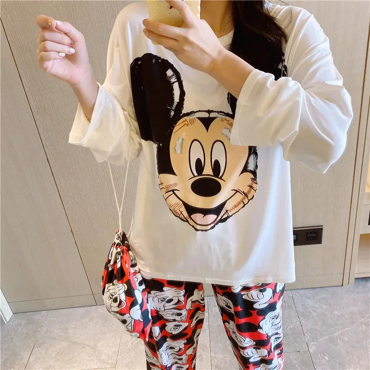 Pijama nuevo de Disney Donald Duck para mujer, conjunto de dos piezas de pantalones de manga larga de algodón de otoño, pijama de seda, conjunto de ropa de estar por casa para mujer