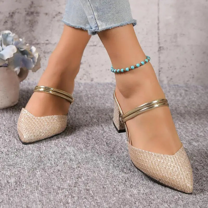 Gold Silver Bling High Heel Pumps Women Fashion Back Strap Slip-On Party Shoes Woman Pointed Toe Slingbacks Thick-Heeled Shoes