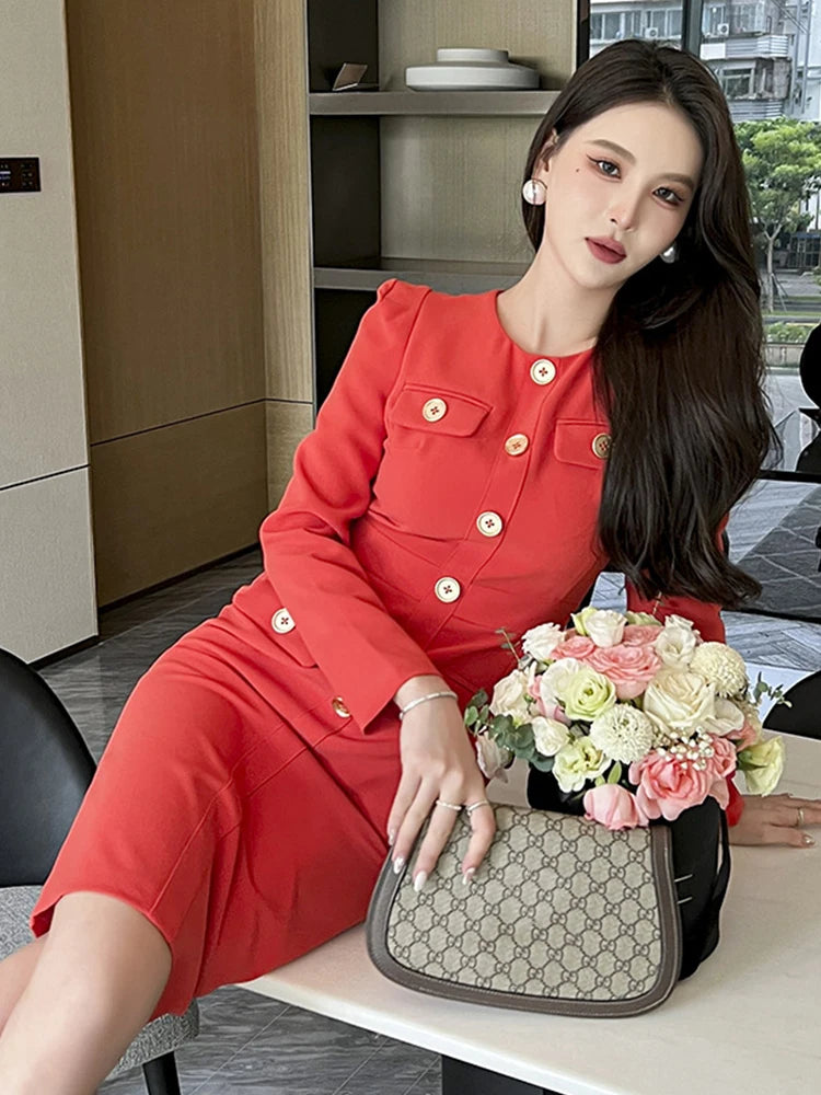 Spring Midi Dresses for Women 2023 Korea Style Elegant Dress Long Sleeve Single Breasted Slim Robe Office Profession Vestidos