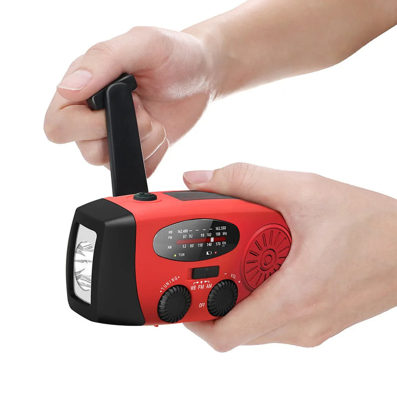 Radio de emergencia multiusos con manivela, solar, recargable por USB, portátil, radio FM, linterna con cargador de baterías para teléfono inteligente