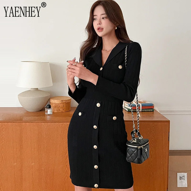 Black Elegant Knitting Bodycon Mini Dress Women Sexy V Neck Slim Long Sleeve Button Wrap Hip Short Dress Korea Chic Autumn 2023