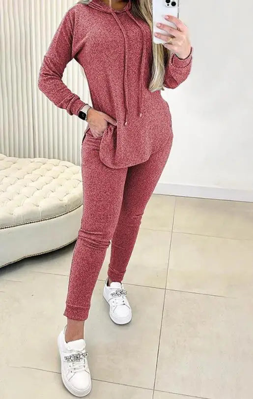 Conjunto de 2 piezas para mujer, moda de primavera 2024, sudadera con capucha de manga larga con abertura en el dobladillo y pantalones casuales de cintura alta con diseño de bolsillo