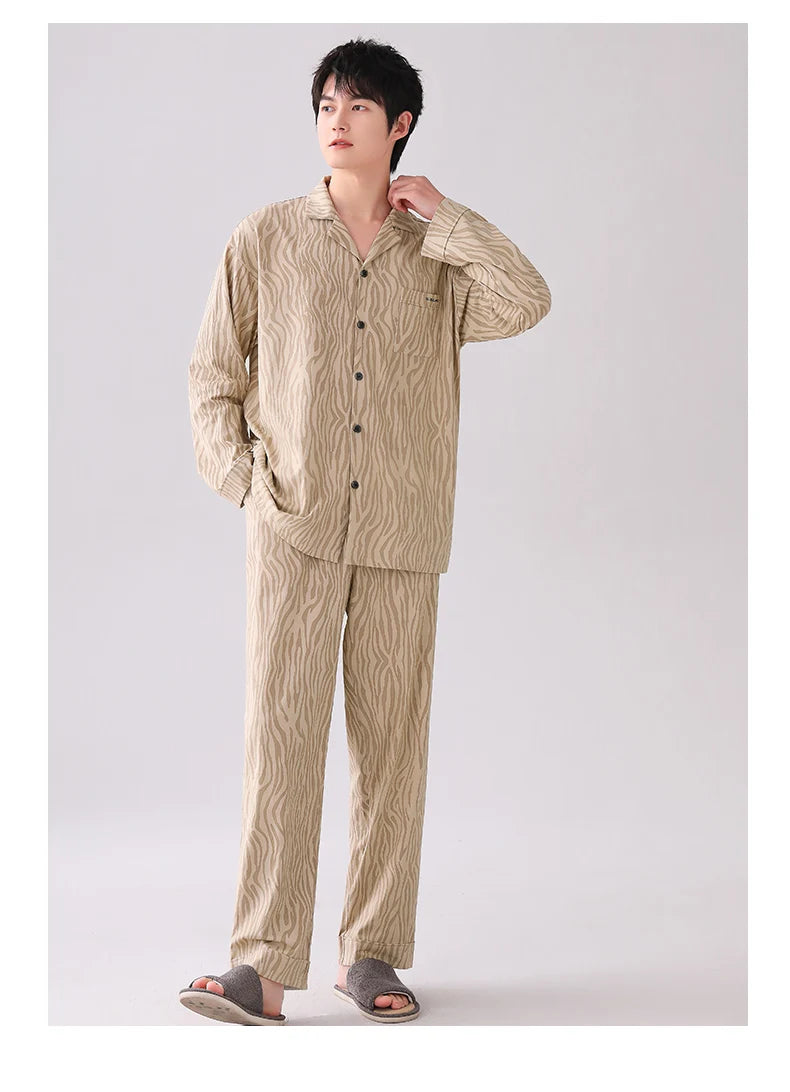 Conjuntos de pijamas para hombre, pijamas de algodón, cárdigan con botones para hombre, ropa de dormir, ropa de dormir de manga larga, chándal informal estampado, pijama para hombre