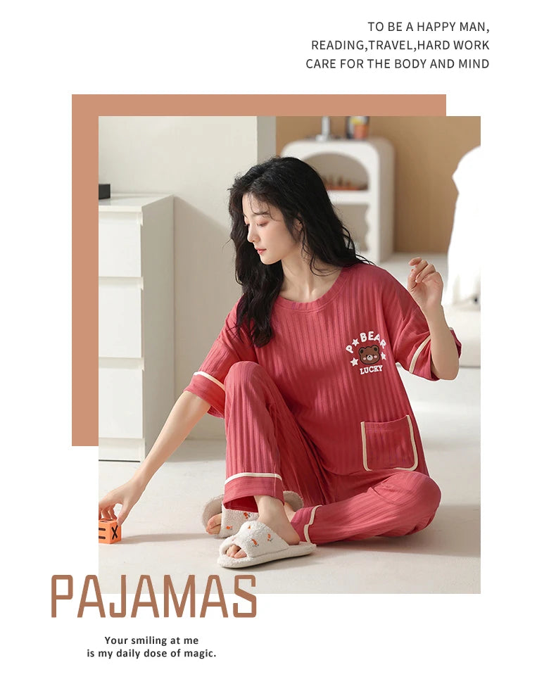 Big Size 5XL Pajama Sets Short Sleeved Cartoon Bear Knitted Pjs Plaid Sleepwear Elegant Women's Pajamas Lounge Home Pijama Mujer