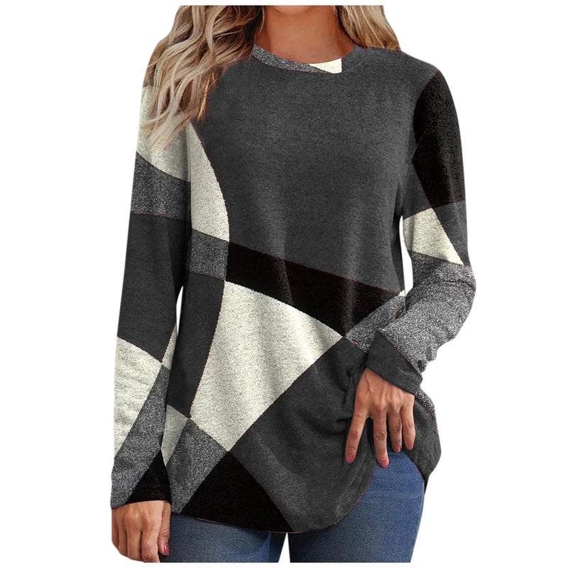 High-quality Trendy Women's Thin Geometric Contrast French Cashmere Long Sleeve Print Fashionable Loose Sweatshirt Comfortable