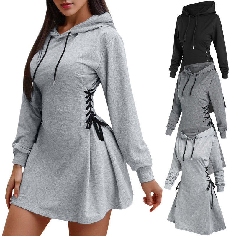 Vestido mini con lazo en la cintura para mujer, sudaderas con capucha, cuello en V, mangas largas, corte ajustado, sudaderas con capucha, sudaderas largas a la moda para mujer, sudaderas con cordón sólido